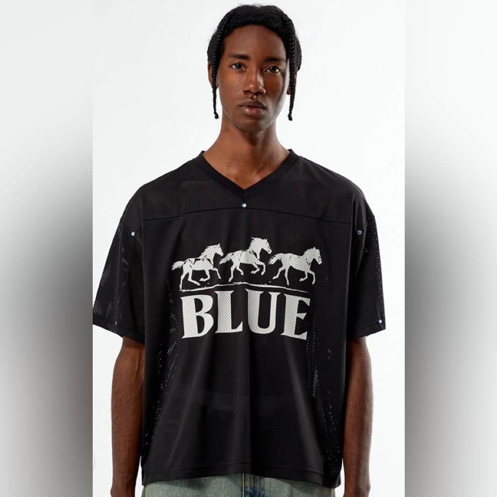 PacSun L Black Mesh Jersey with BLUE Horse Print